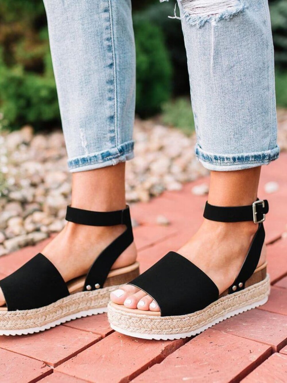 New Black Peep Open Toe Ankle Strap Espadrille Raffia Sandal Wedge Platform Heel